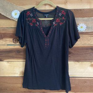 Lucky Brand black embroidered short sleeve top, size S/P